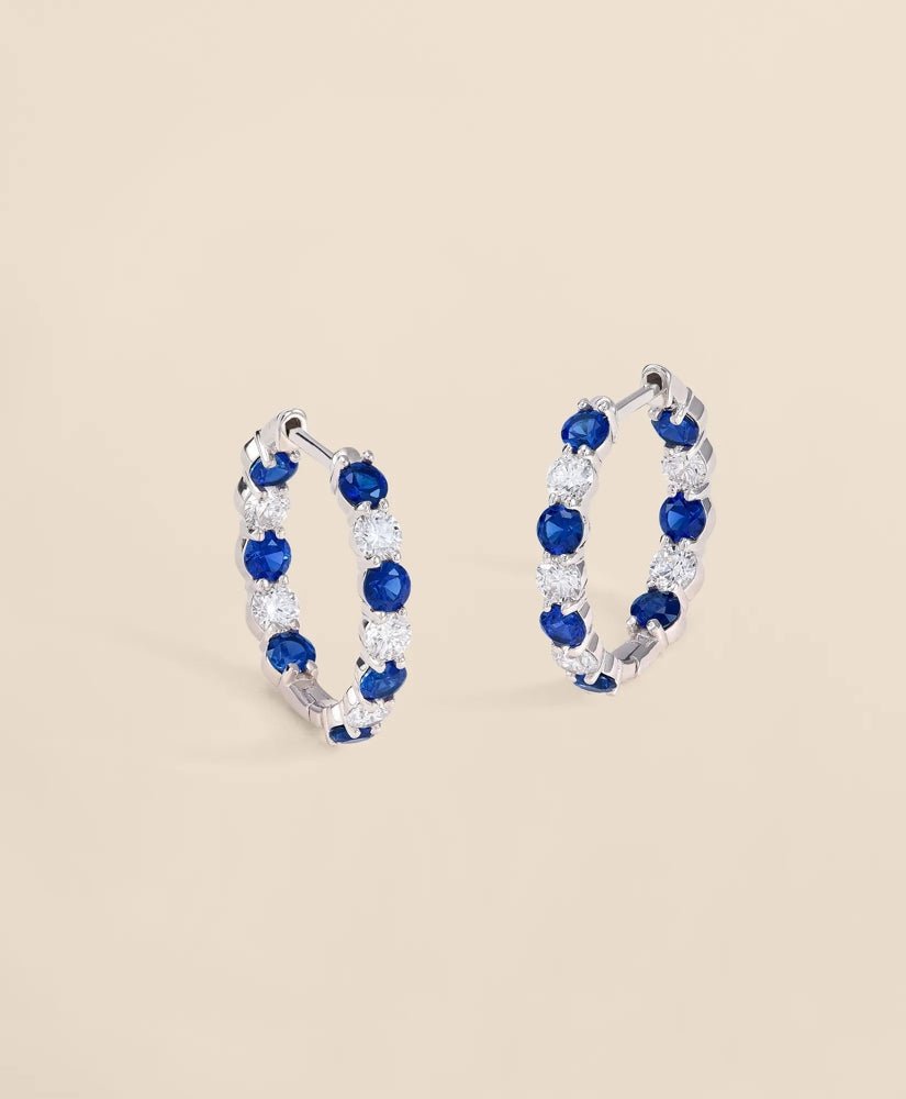 Women 1 CT. Lab-Grown Diamond 3mm Sapphire 14k White Gold Hoop Earrings - Brooks Brothers