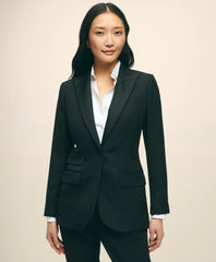 Women Black Fleece Peak Lapel Dinner Jacket in Merino Wool-Silk Faille