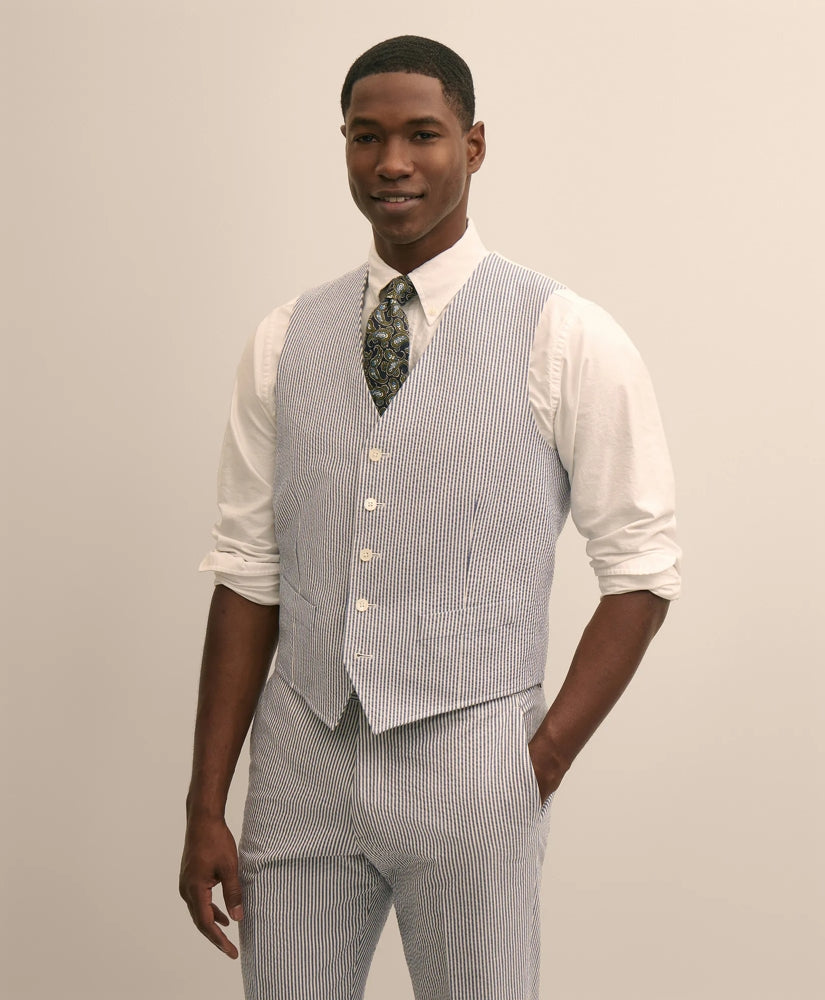 Tailored Classic Fit Cotton Blend Seersucker Vest - Brooks Brothers On sale