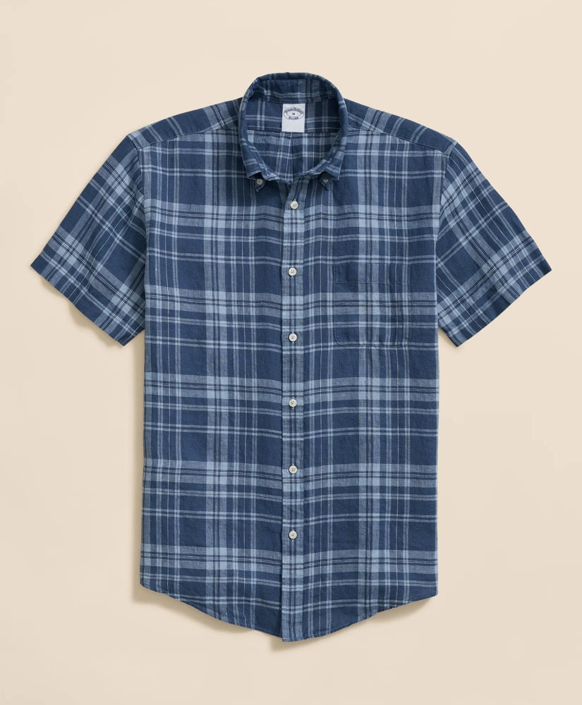 Shirts Irish Linen Polo Button Down Collar, Plaid Short-Sleeve Shirt - Brooks Brothers On sale
