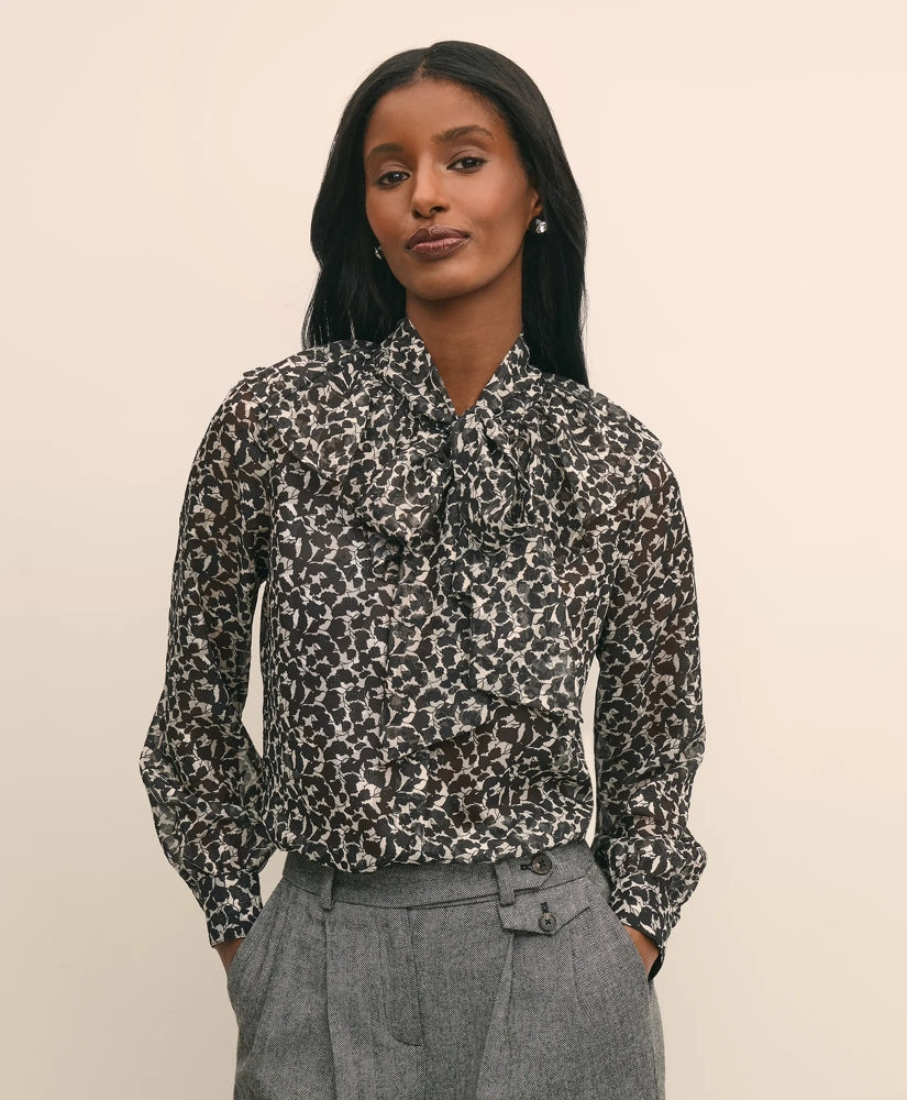 Sale Leaf-Print Jacquard Bow-Neck Blouse - Brooks Brothers US