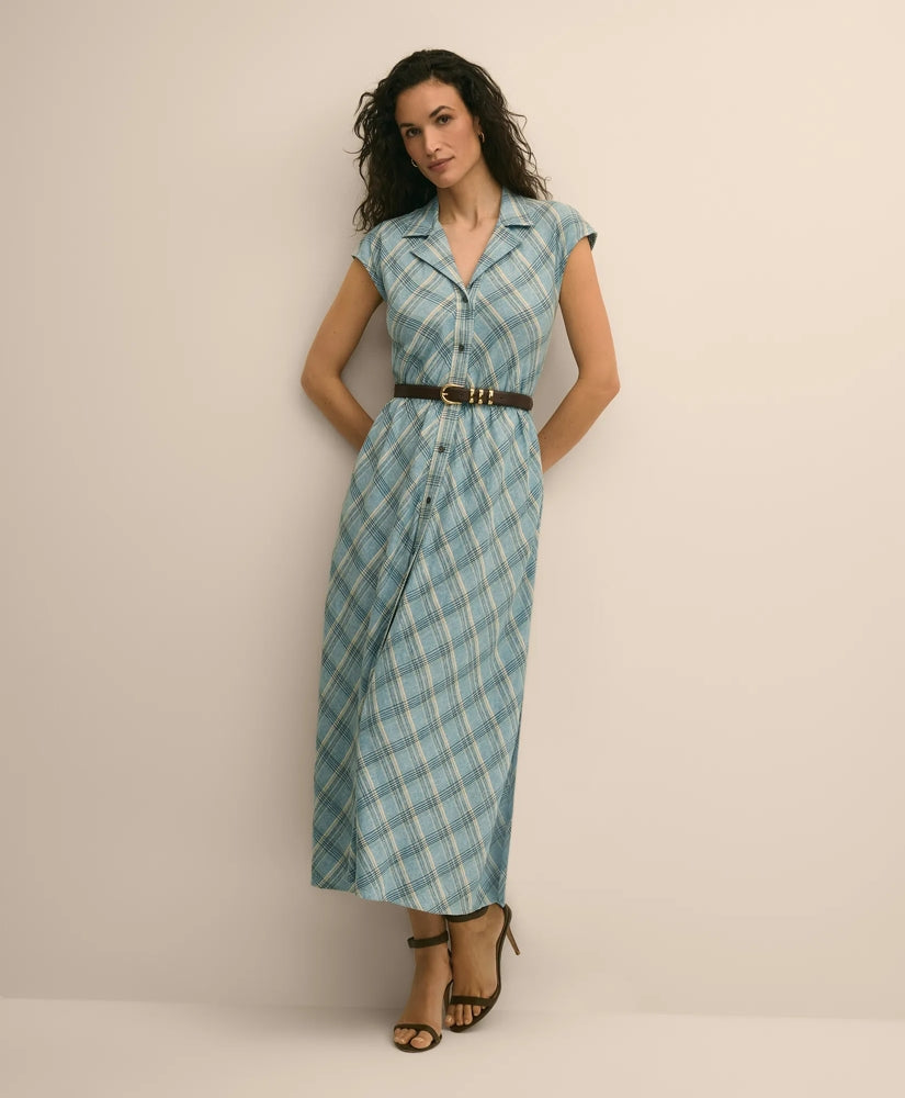 Women Linen Blend Plaid Belted Sleeveless Dress - Brooks Brothers On sale
