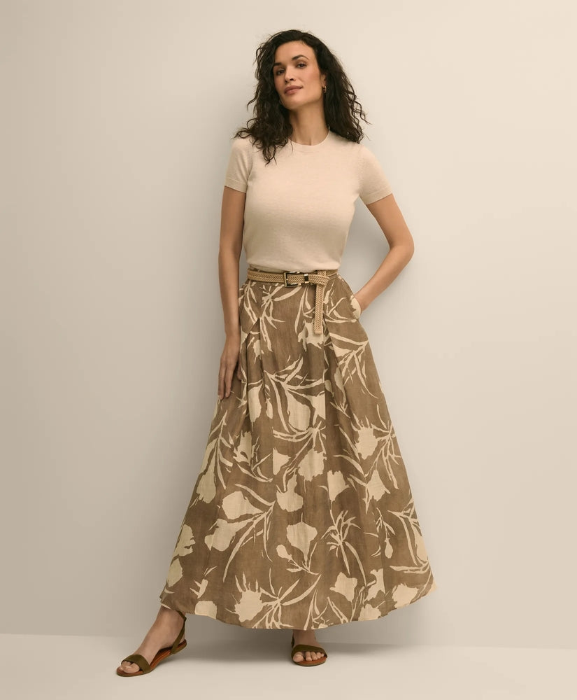 Women Linen-Blend Pleated Floral A-Line Skirt - Brooks Brothers US