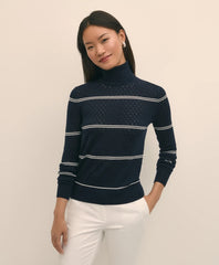 Sale Merino Wool Striped Pointelle Turtleneck - Brooks Brothers