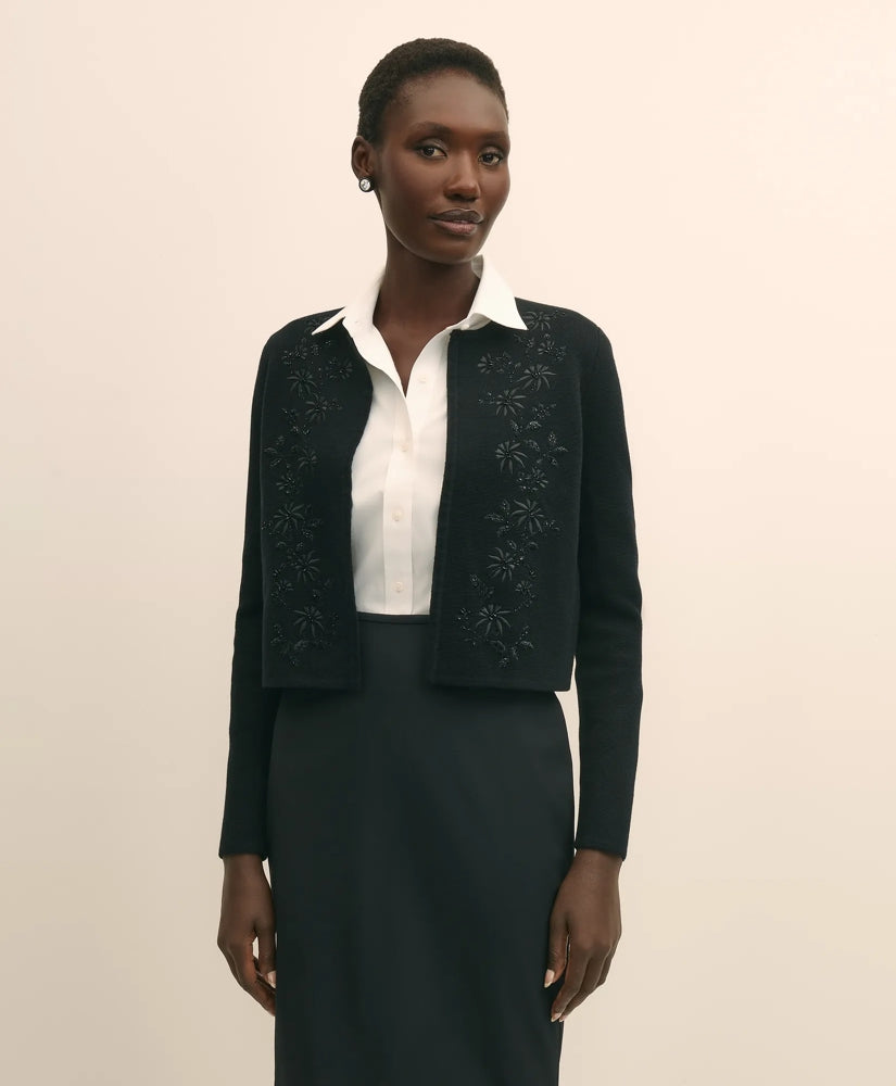 Sale Merino-Wool-Cotton Blend Floral Embellished Cardigan - Brooks Brothers US