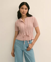 Women Short-Sleeve Pointelle Peplum Cardigan - Brooks Brothers On sale