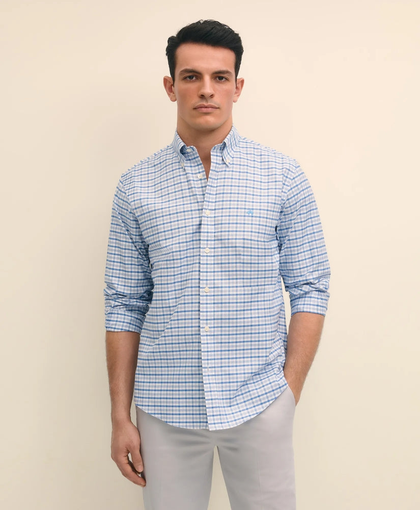 Sale Stretch Cotton Non-Iron Oxford Polo Button-Down Collar, Outline Check Shirt - Brooks Brothers Near me