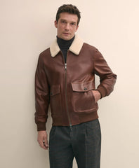 Sale Washed Leather Bomber Jacket With Shearling Collar