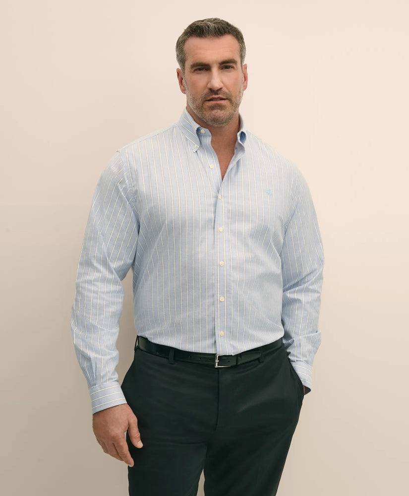 Sale Big & Tall Stretch Cotton Non-Iron Oxford Polo Button Down Collar, Outline Stripe Shirt - Brooks Brothers Online