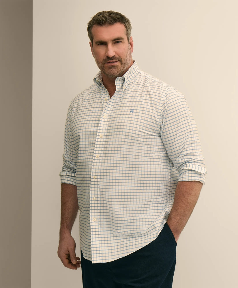 Men Big & Tall Stretch Cotton Non-Iron Oxford Polo Button Down, Windowpane Sport Shirt - Brooks Brothers Gift