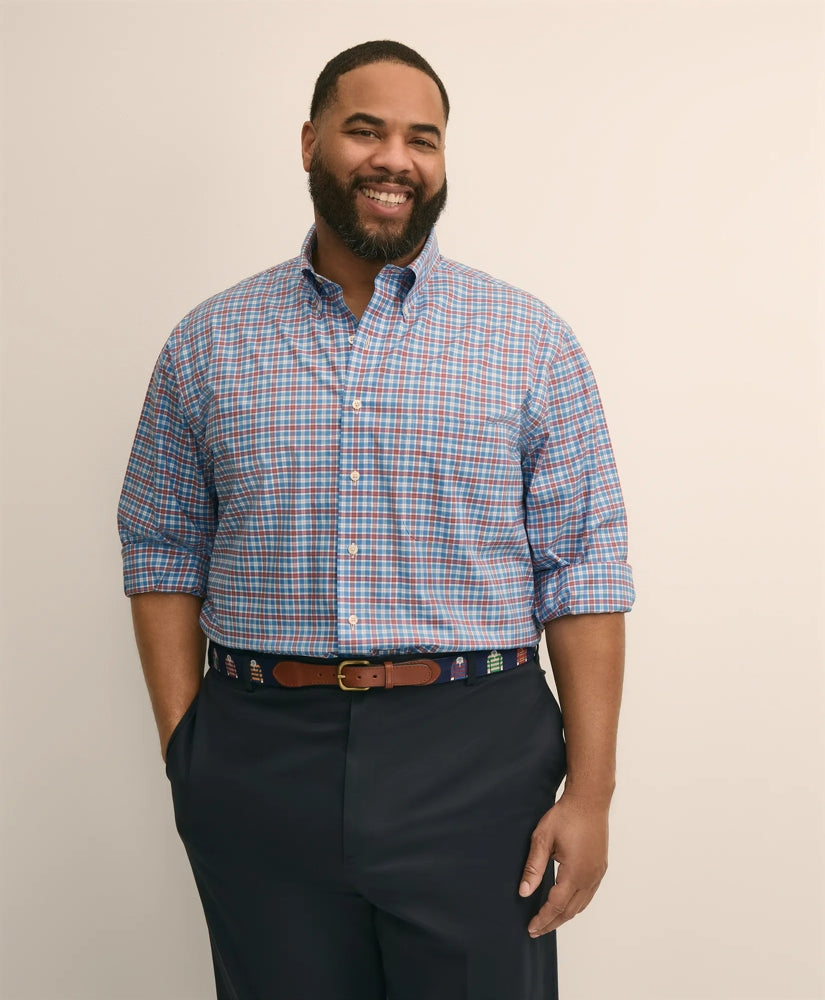 Men Big & Tall Stretch Cotton Non-Iron Poplin Polo Button Down, Check Sport Shirt