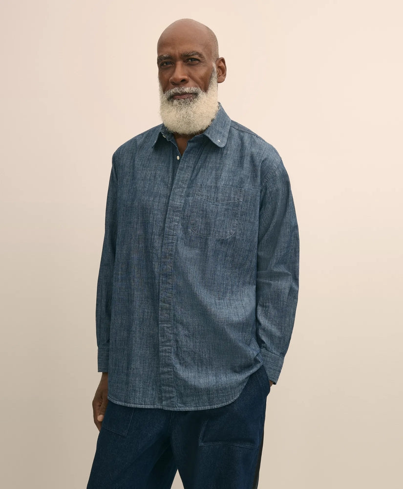 Tailored Brooks Brothers X Engineered Garments Cotton Chambray Round Pinhole Collar Oversized Dress Shirt - Brooks Brothers Online