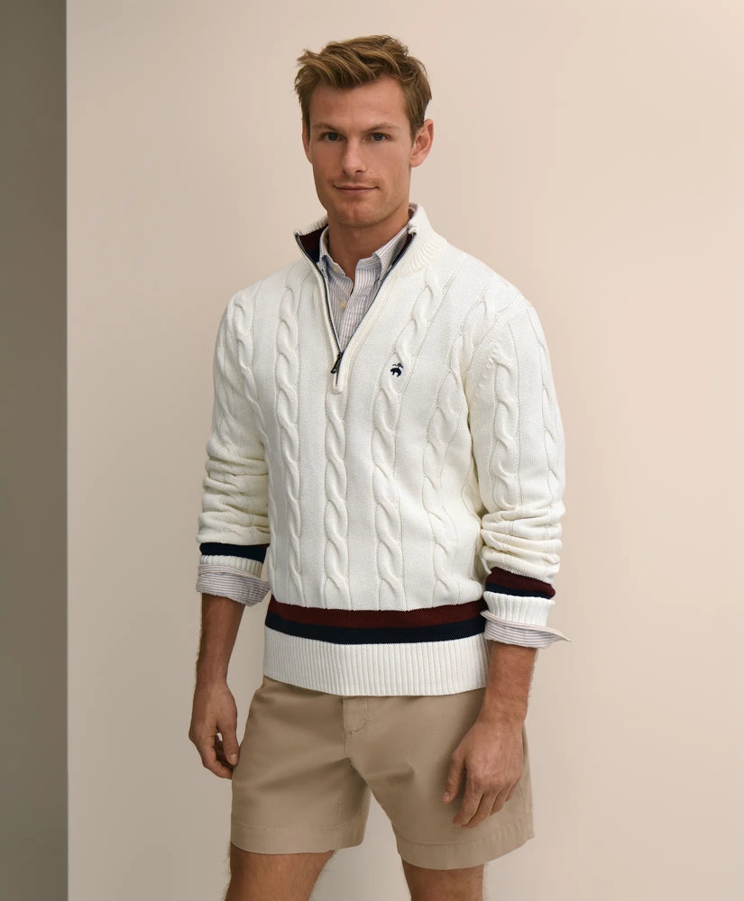 Men Cable Knit Tennis Quarter-Zip Sweater in Supima - Brooks Brothers Online