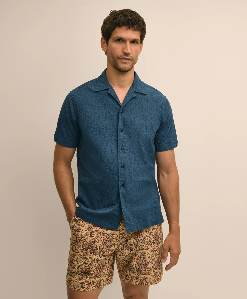 Men Cotton Embroidered Geo Camp Collar Short-Sleeve Shirt - Brooks Brothers Near me