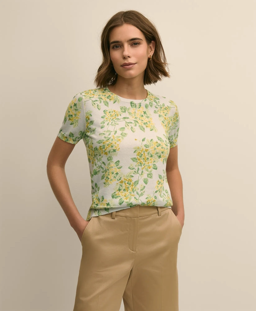 Women Cotton Floral Short-Sleeve Shell Sweater