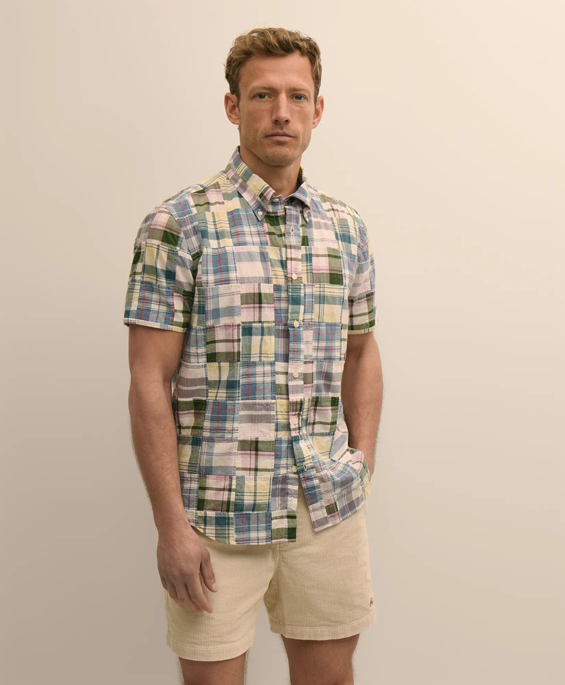 Men Cotton Patchwork Madras Polo Button-Down Collar, Short-Sleeve Shirt - Brooks Brothers sale