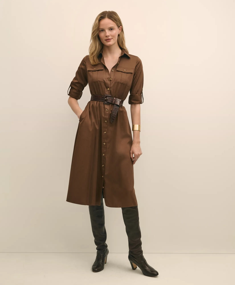 Sale Cotton Sateen Fit-And-Flare Belted Shirt Dress - Brooks Brothers US