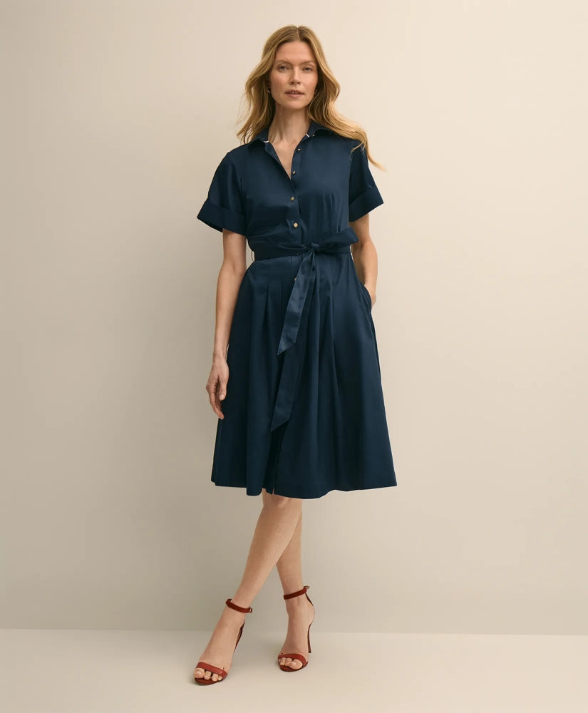 Women Cotton Sateen Short-Sleeve Belted Shirt Dress - Brooks Brothers Gift