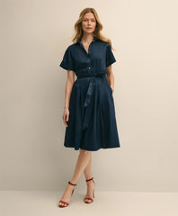 Women Cotton Sateen Short-Sleeve Belted Shirt Dress - Brooks Brothers Gift