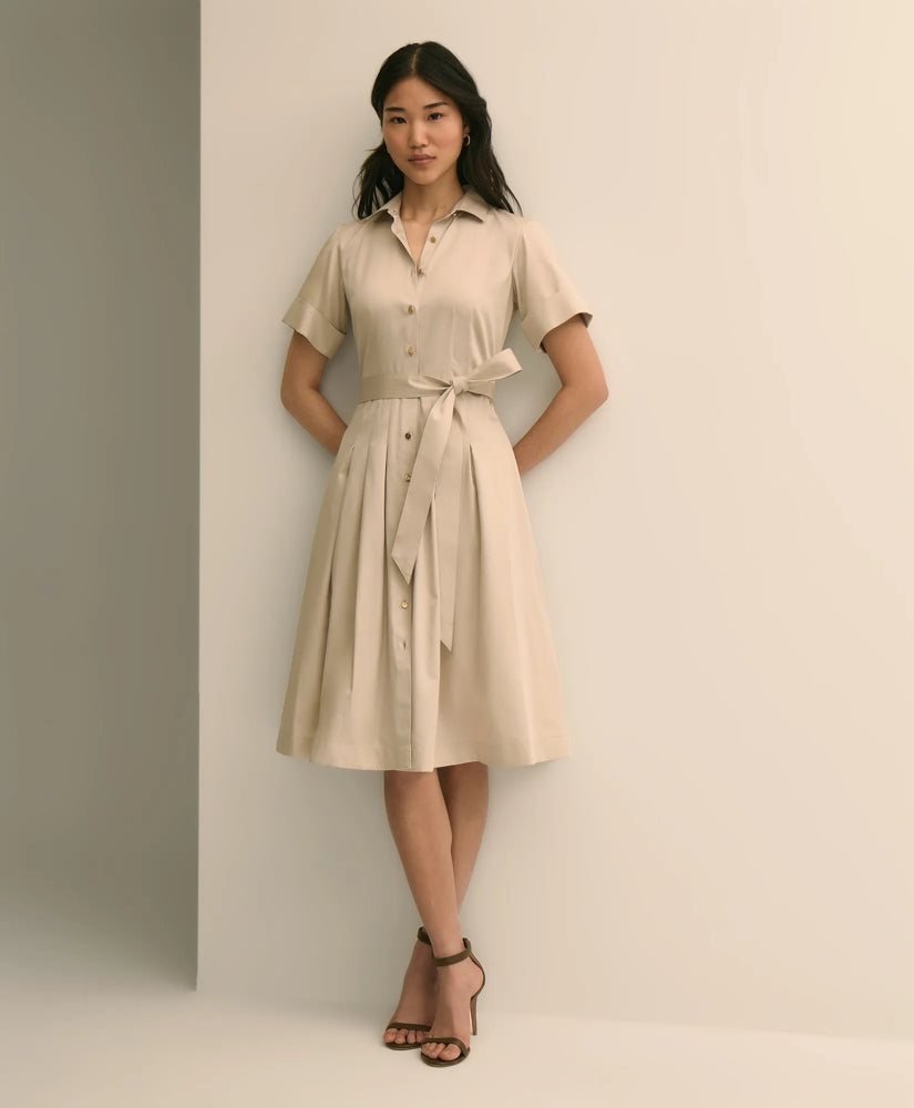 Women Cotton Sateen Short-Sleeve Belted Shirt Dress - Brooks Brothers Gift