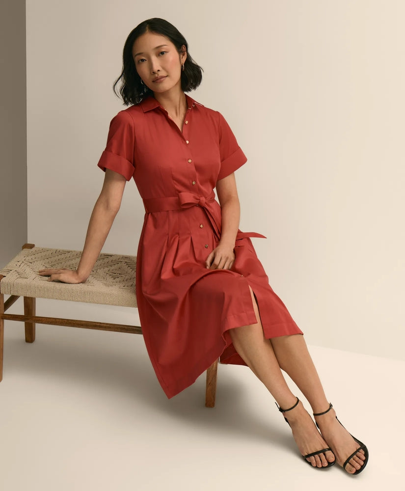Women Cotton Sateen Short-Sleeve Belted Shirt Dress - Brooks Brothers Gift