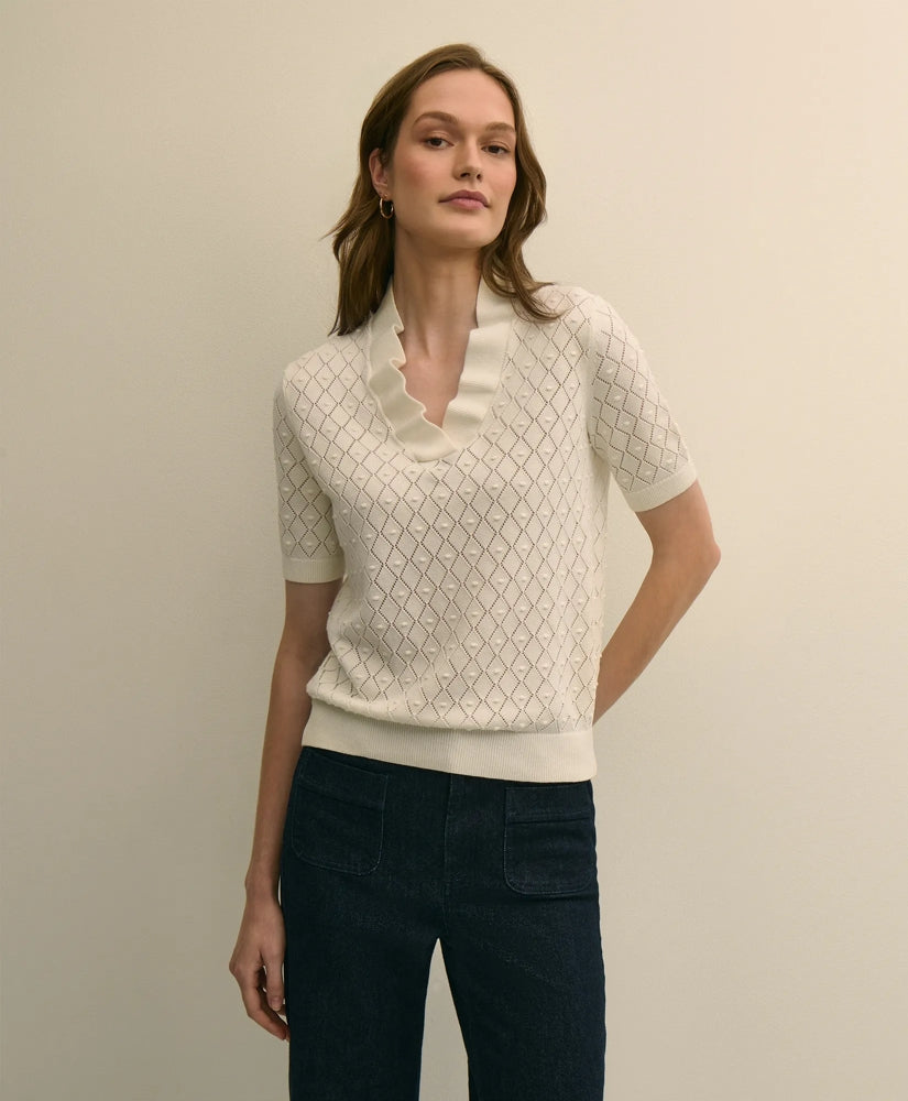 Women Cotton Viscose Short-Sleeve Ruffle Sweater - Brooks Brothers Gift