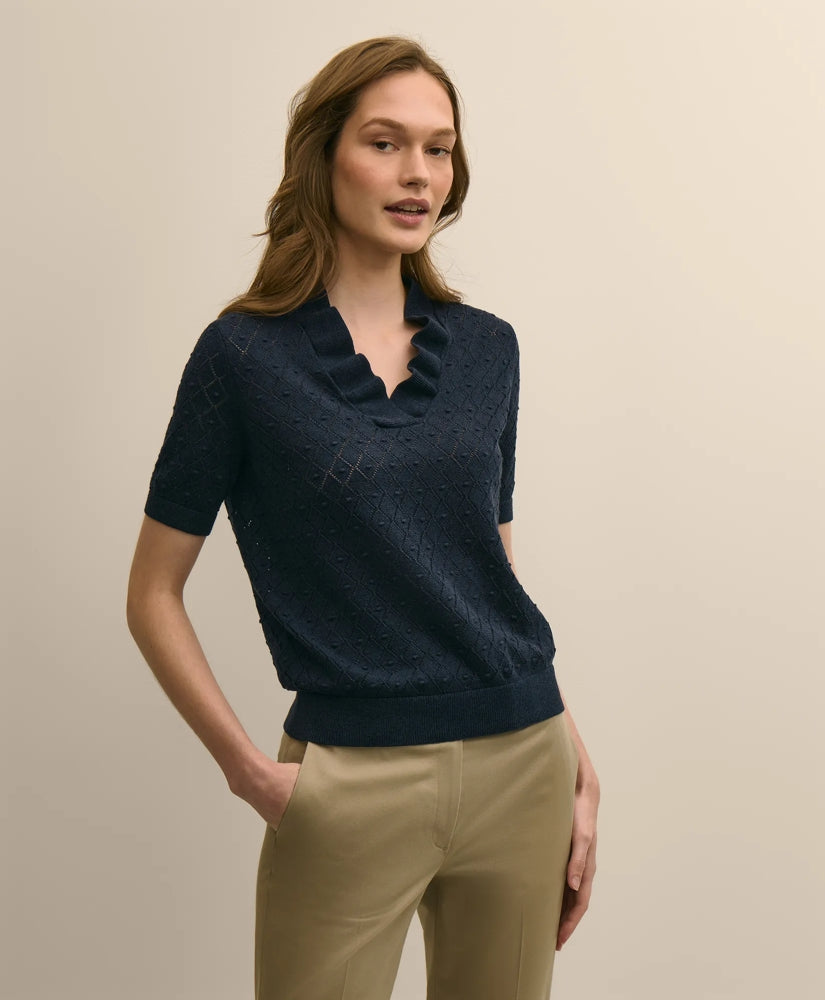 Women Cotton Viscose Short-Sleeve Ruffle Sweater - Brooks Brothers Gift