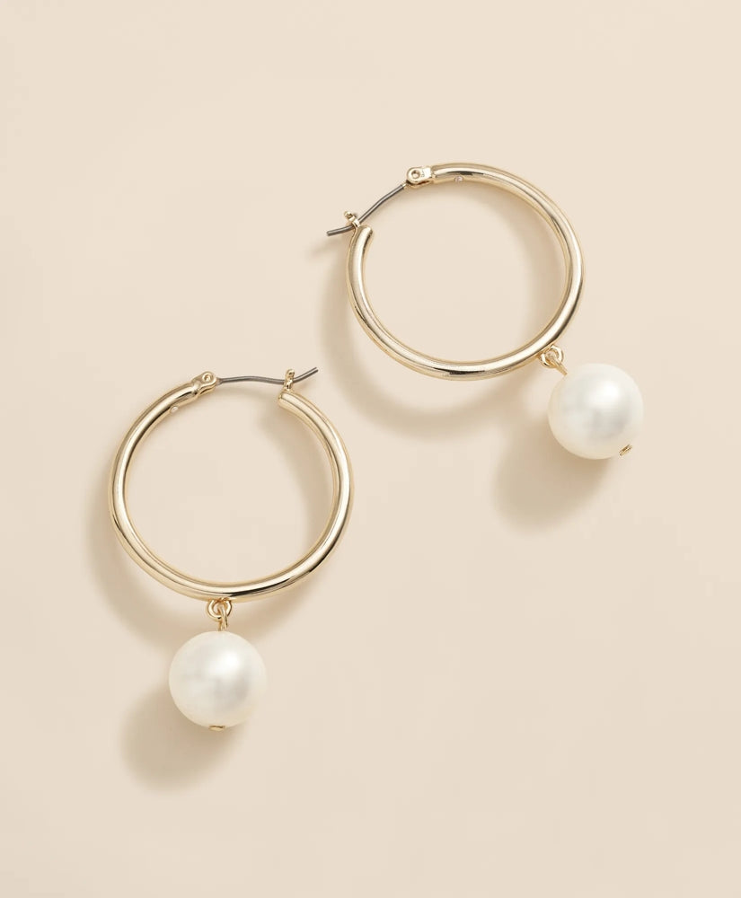 Women Gold-Tone Faux-Pearl Drop Hoop Earrings - Brooks Brothers On sale