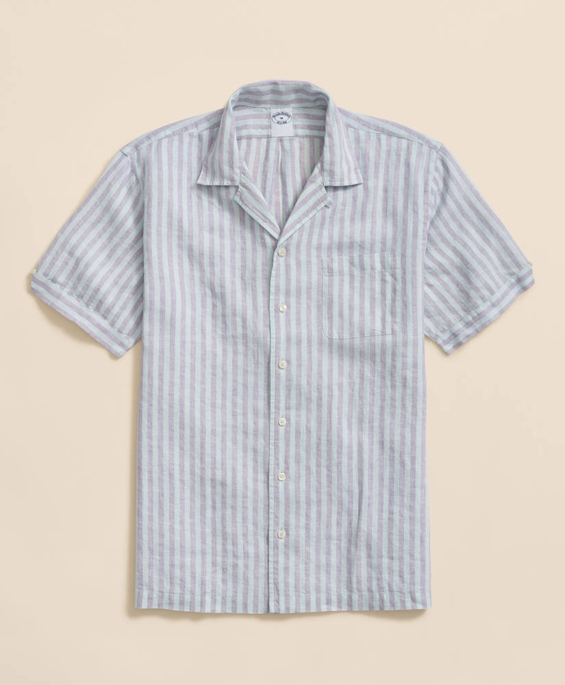 Shirts Irish Linen Camp Collar, Striped Short-Sleeve Shirt