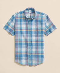 Shirts Irish Linen Polo Button Down Collar, Checked Short-Sleeve Shirt - Brooks Brothers sale