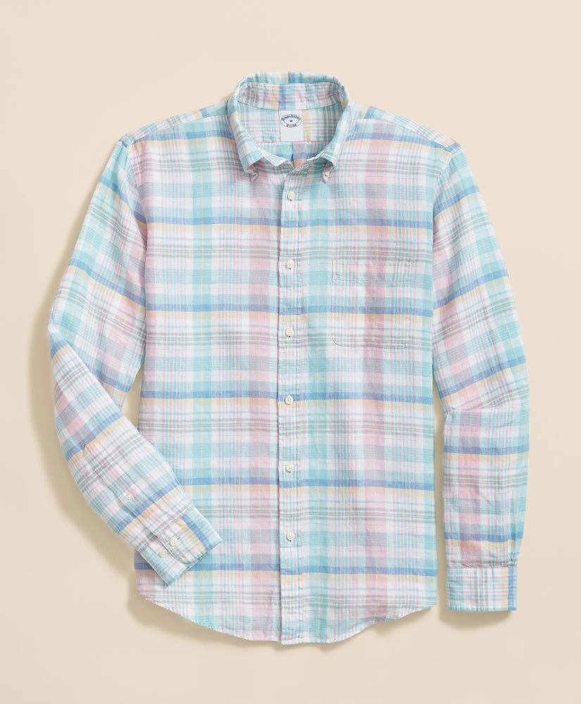 Shirts Irish Linen Polo Button Down Collar, Multi Plaid Shirt - Brooks Brothers