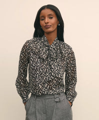 Sale Leaf-Print Jacquard Bow-Neck Blouse - Brooks Brothers US
