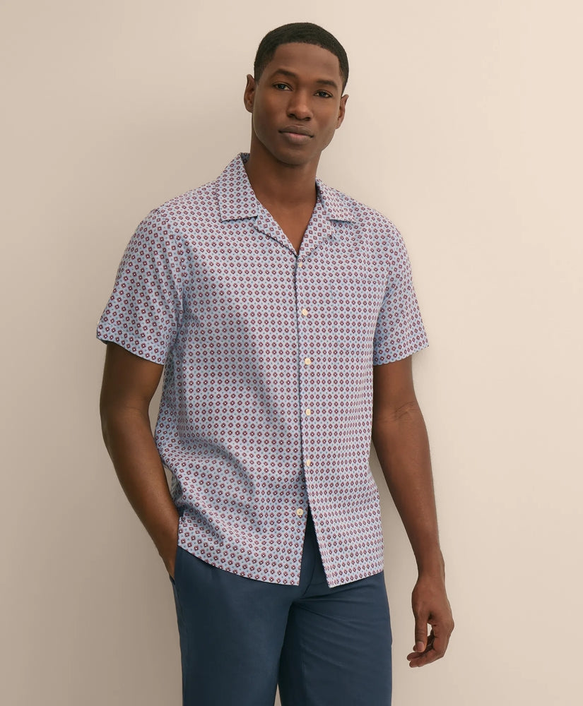 Men Linen-Cotton Camp Collar, Foulard Short-Sleeve Shirt