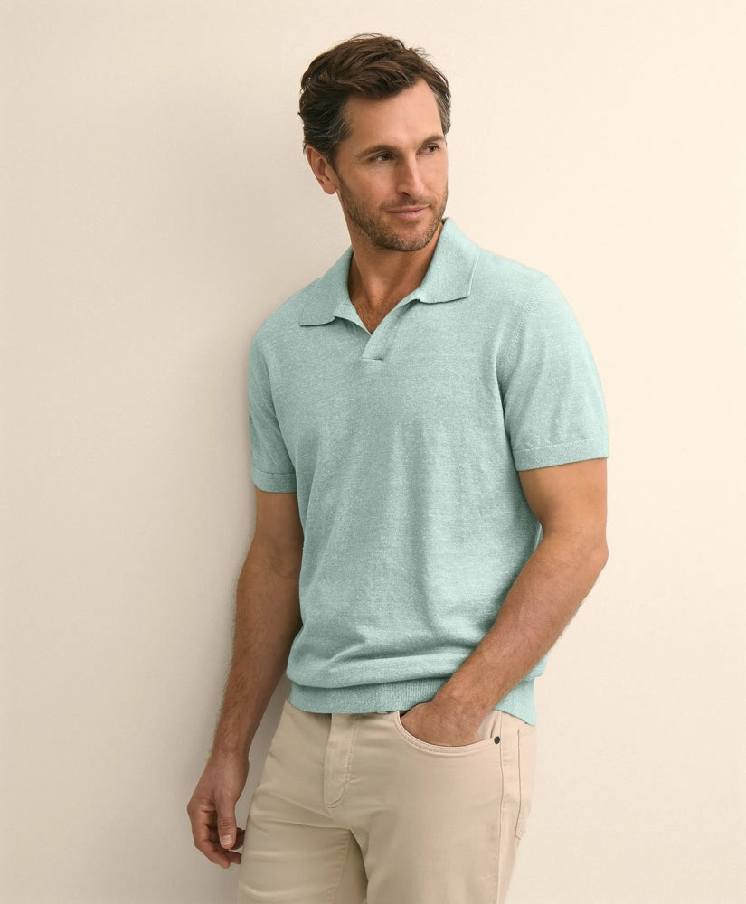 Men Linen-Cotton-Cashmere Short-Sleeve Mouliné Johnny Collar Sweater - Brooks Brothers US