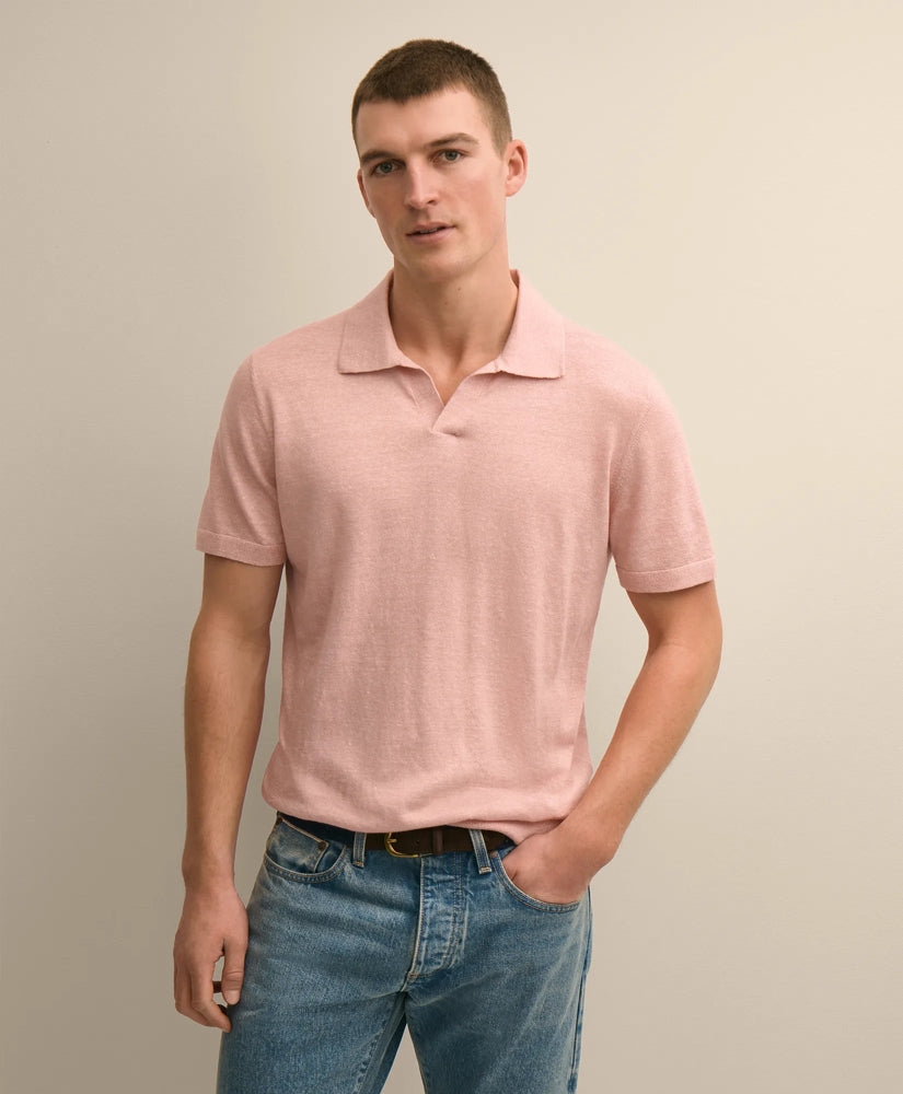 Men Linen-Cotton-Cashmere Short-Sleeve Mouliné Johnny Collar Sweater - Brooks Brothers US