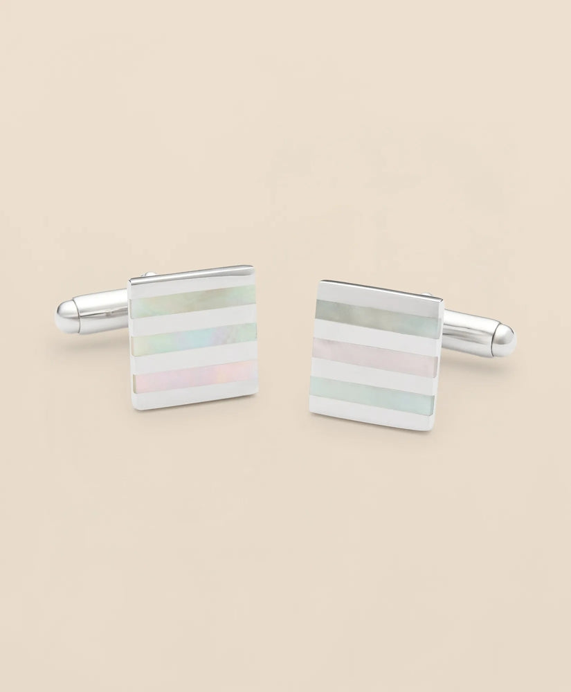 Men Mother-of-Pearl & Sterling Silver Rhodium-Plated Stripe Cufflinks