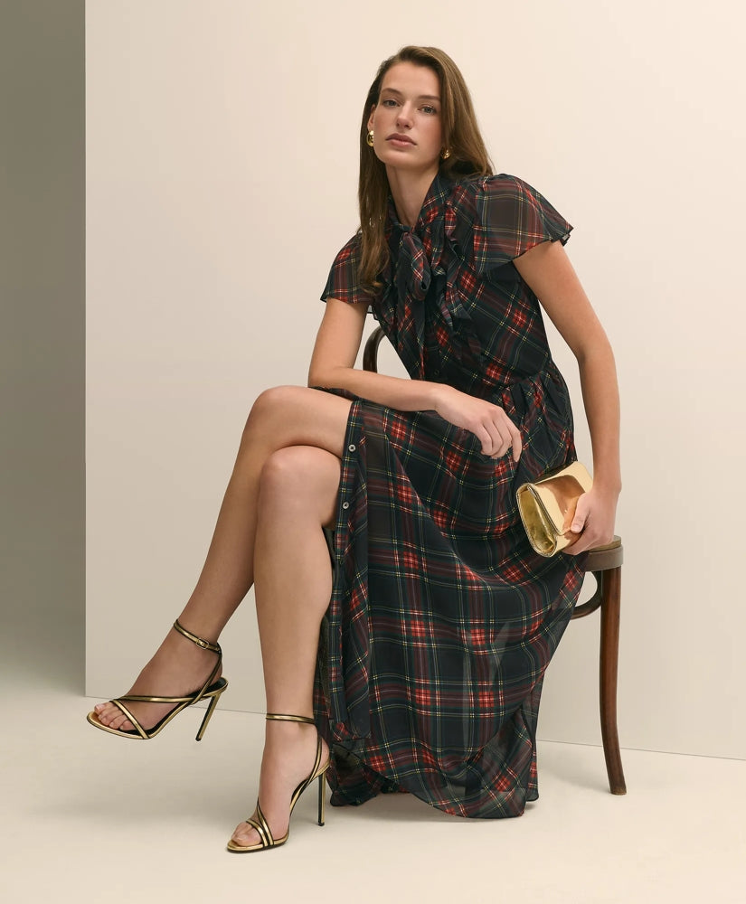 Sale Chiffon Plaid Flutter-Sleeve Maxi Dress - Brooks Brothers Discount