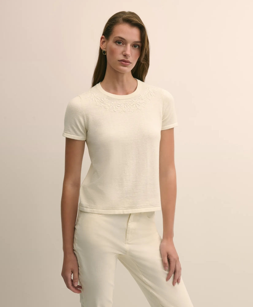 Sale Merino-Wool-Cotton Blend Floral Embellished Short-Sleeve Sweater Shell - Brooks Brothers Near me