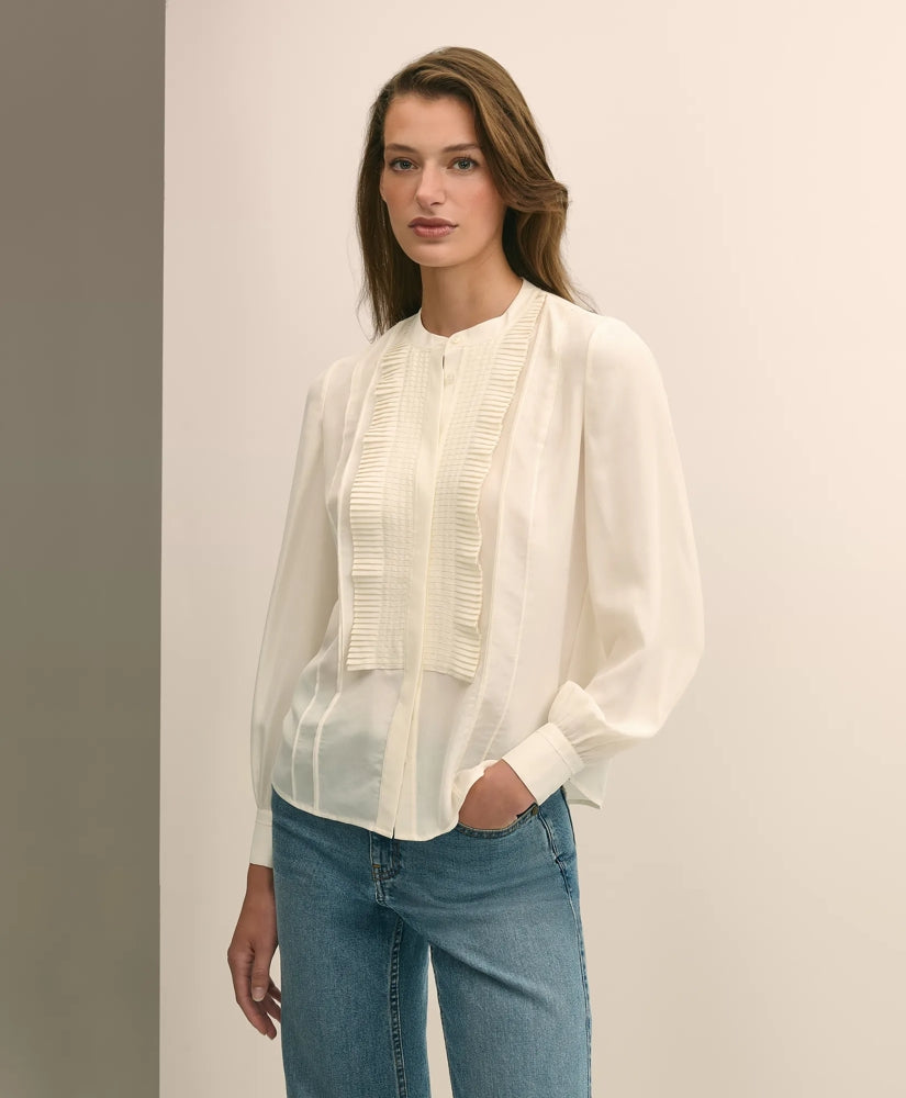 Sale Silk Haboti Pintucked Band-Collar Blouse - Brooks Brothers