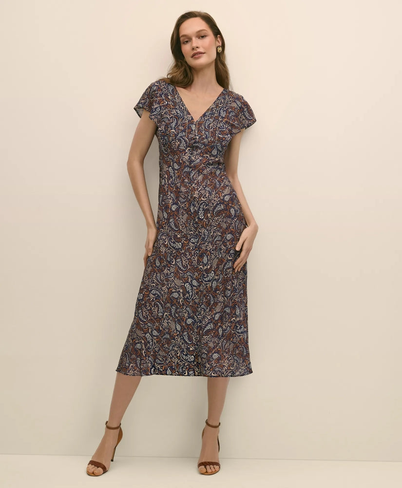 Sale Paisley Shimmer Ruffle-Front Chevron-Stripe Dress - Brooks Brothers US