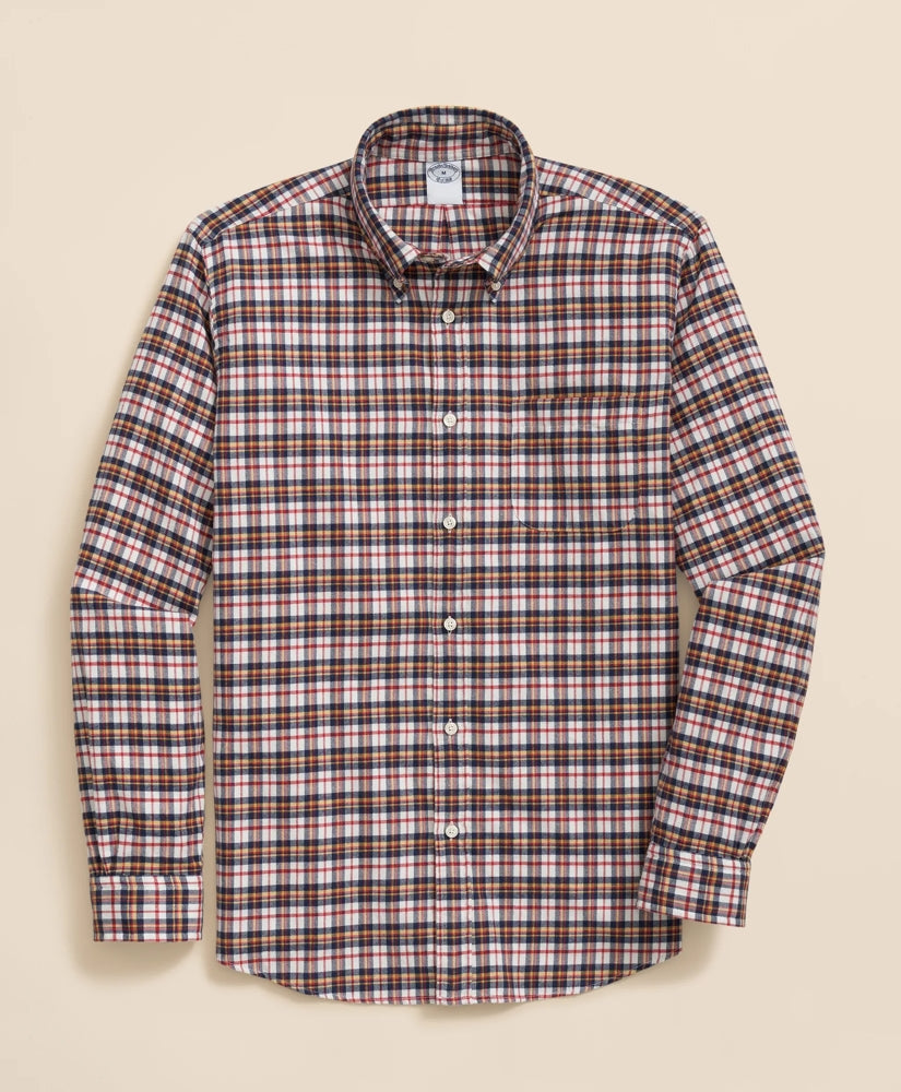 Sale Portuguese Flannel Polo Button Down Collar, Multi-Check Shirt - Brooks Brothers US