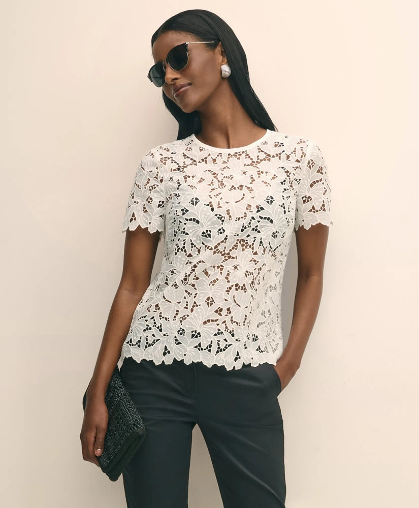 Sale Relaxed Short-Sleeve Semi-Sheer Lace Top