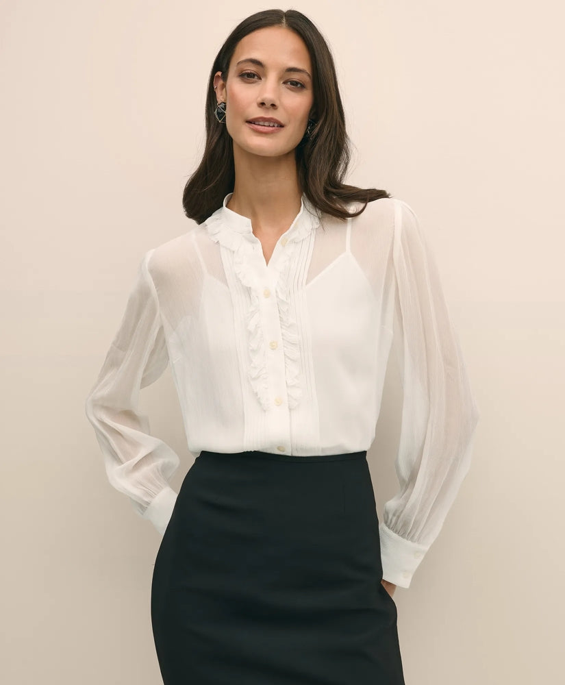 Sale Sheer Pleated Ruffle Detail Blouse - Brooks Brothers Discount