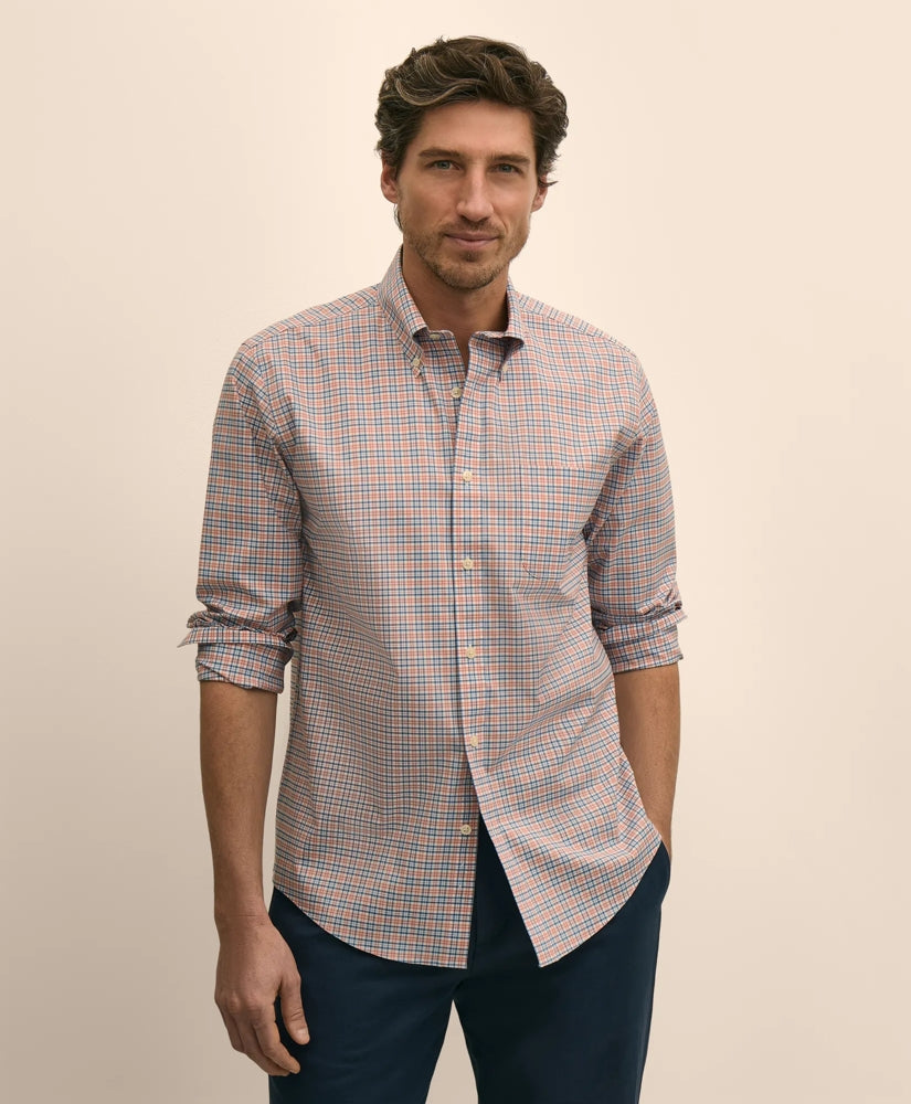 Men Stretch Cotton Non-Iron Broadcloth Polo Button-Down Collar, Check Sport Shirt - Brooks Brothers