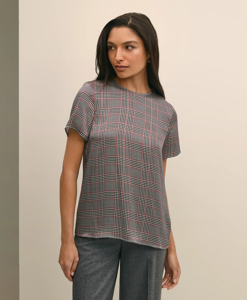 Sale Washable Silk Charmeuse Plaid Short-Sleeve Top - Brooks Brothers