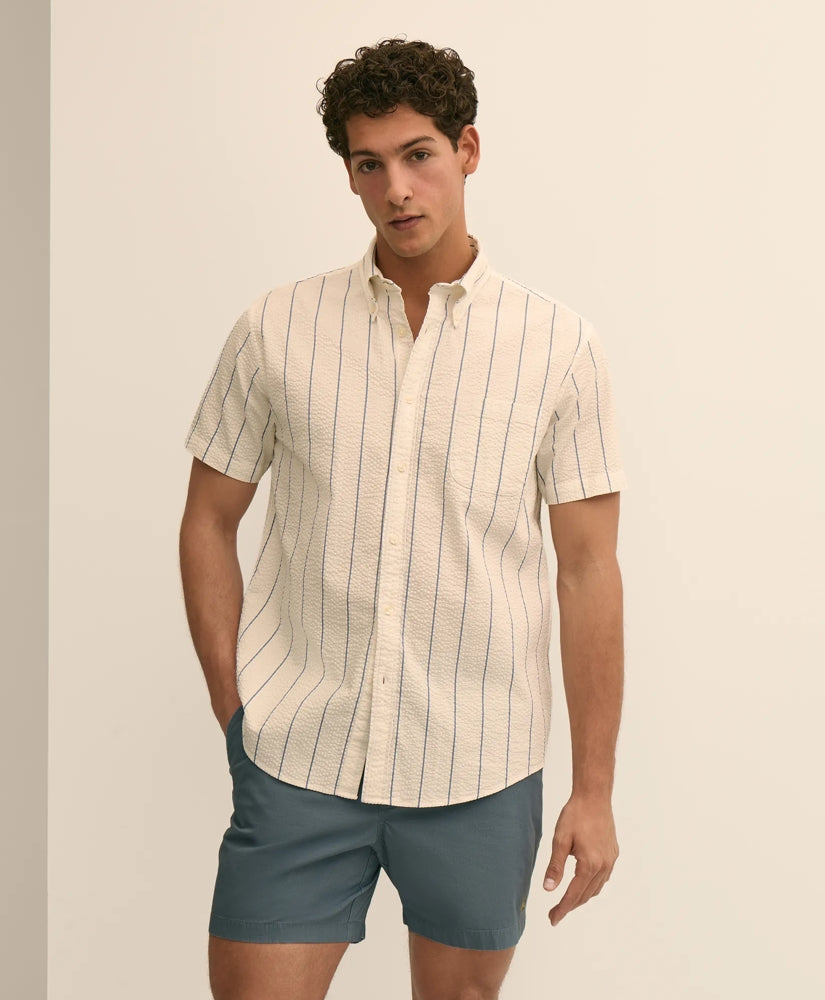 Men Washed Cotton Seersucker Button-Down Collar, Stripe Short-Sleeve Sport Shirt - Brooks Brothers On sale