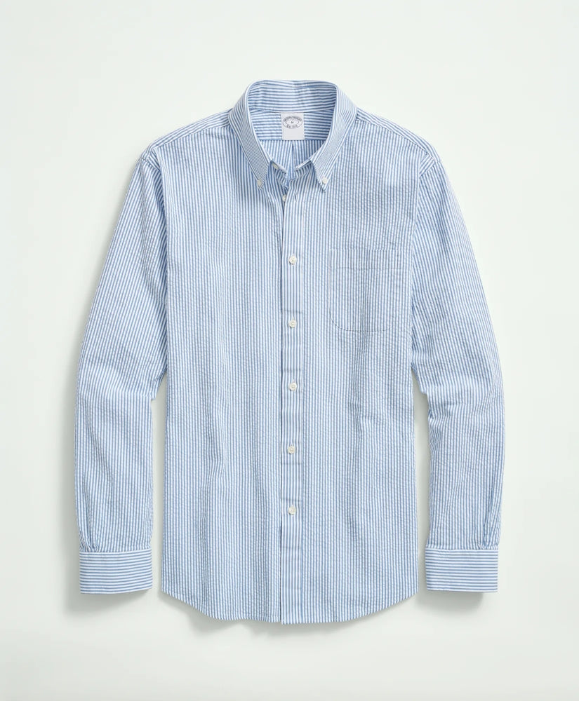 Men Washed Cotton Seersucker Button-Down Collar, Stripe Sport Shirt - Brooks Brothers For sale