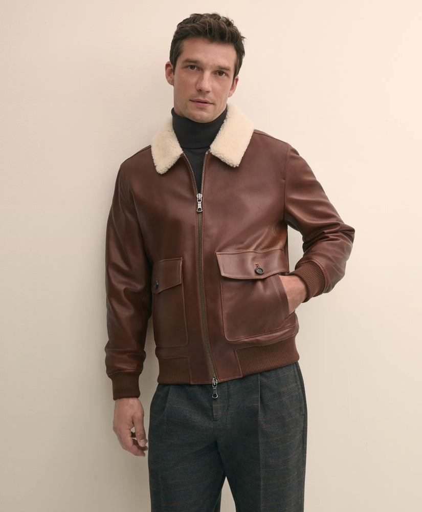 Sale Washed Leather Bomber Jacket With Shearling Collar