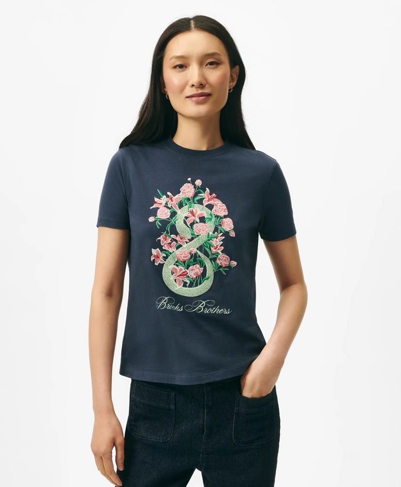 Sale Women's Lunar New Year Cotton Embroidered Bouquet Snake Motif T-Shirt - Brooks Brothers Outlet